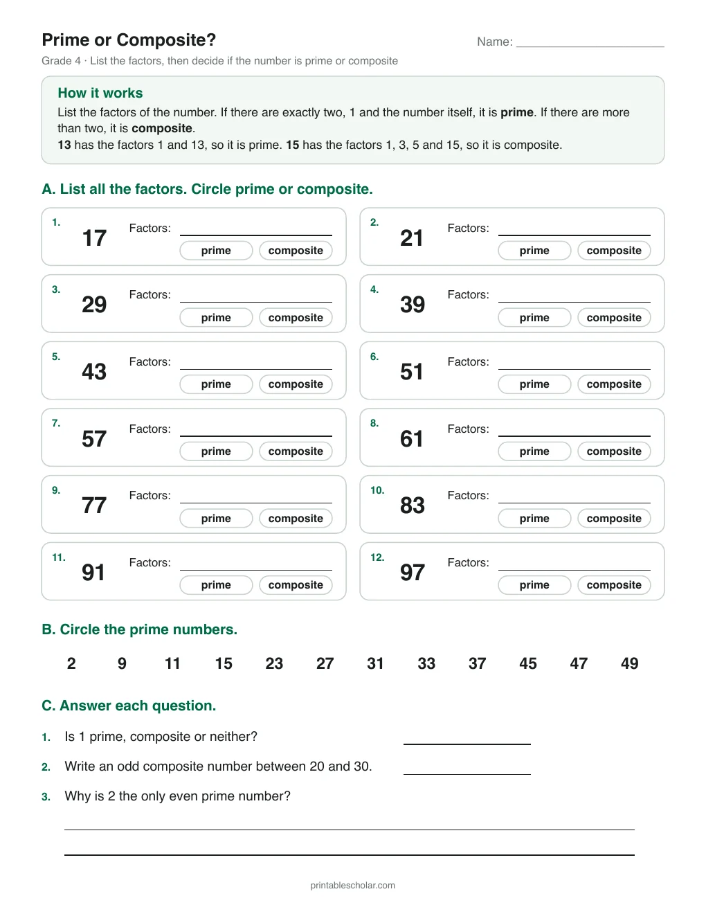 Prime or Composite? printable preview