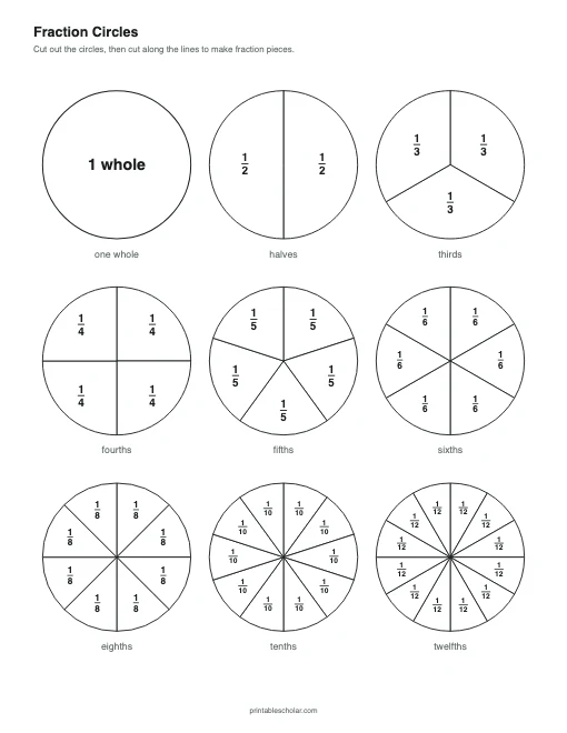 Fraction Circles (Black and White) printable preview