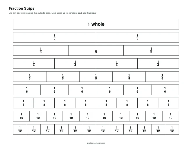 Fraction Strips (Black and White) printable preview