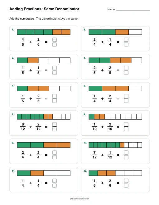 Adding Fractions: Same Denominator printable preview