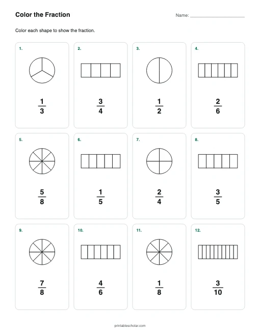 Color the Fraction printable preview