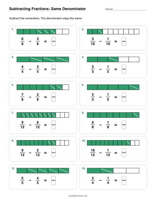 Subtracting Fractions: Same Denominator printable preview