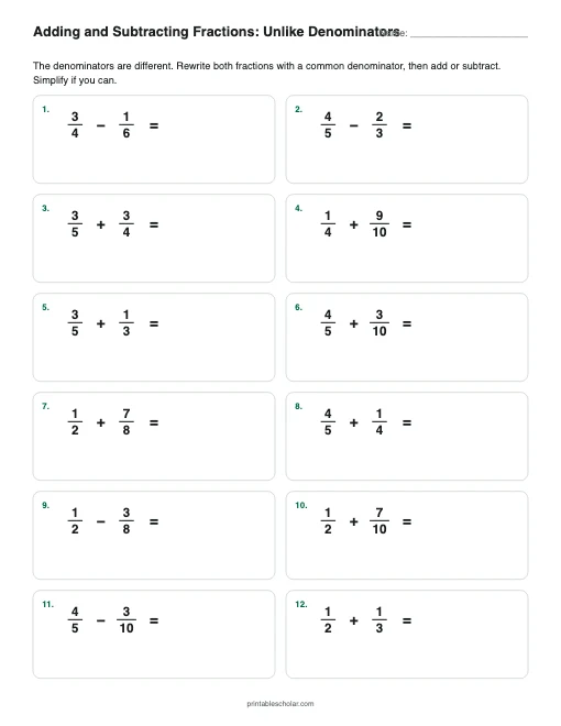 Adding and Subtracting Fractions: Unlike Denominators printable preview