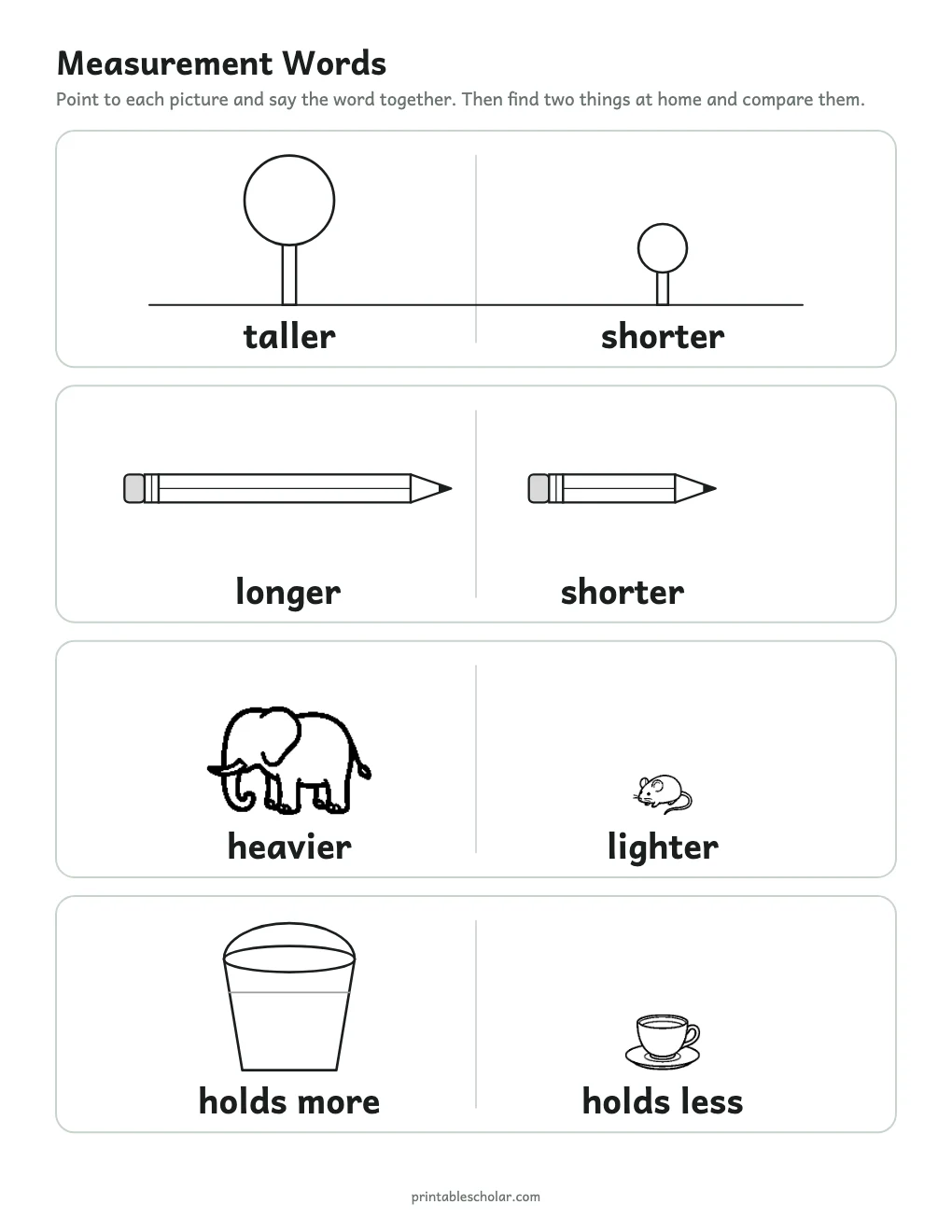 Measurement Words Chart printable preview
