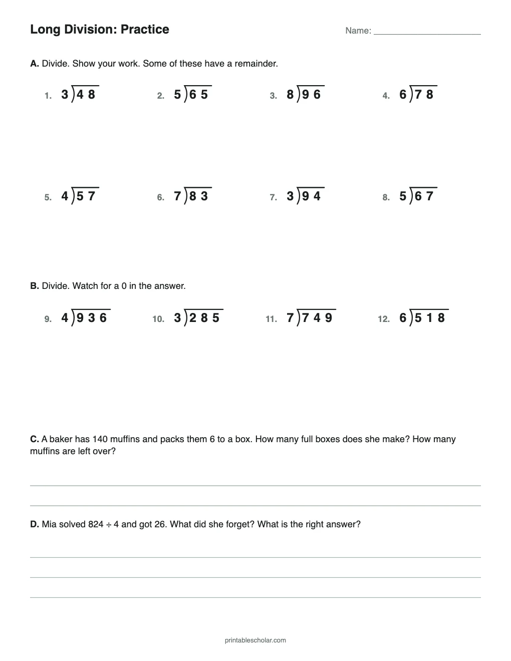 Long Division: Independent Practice printable preview