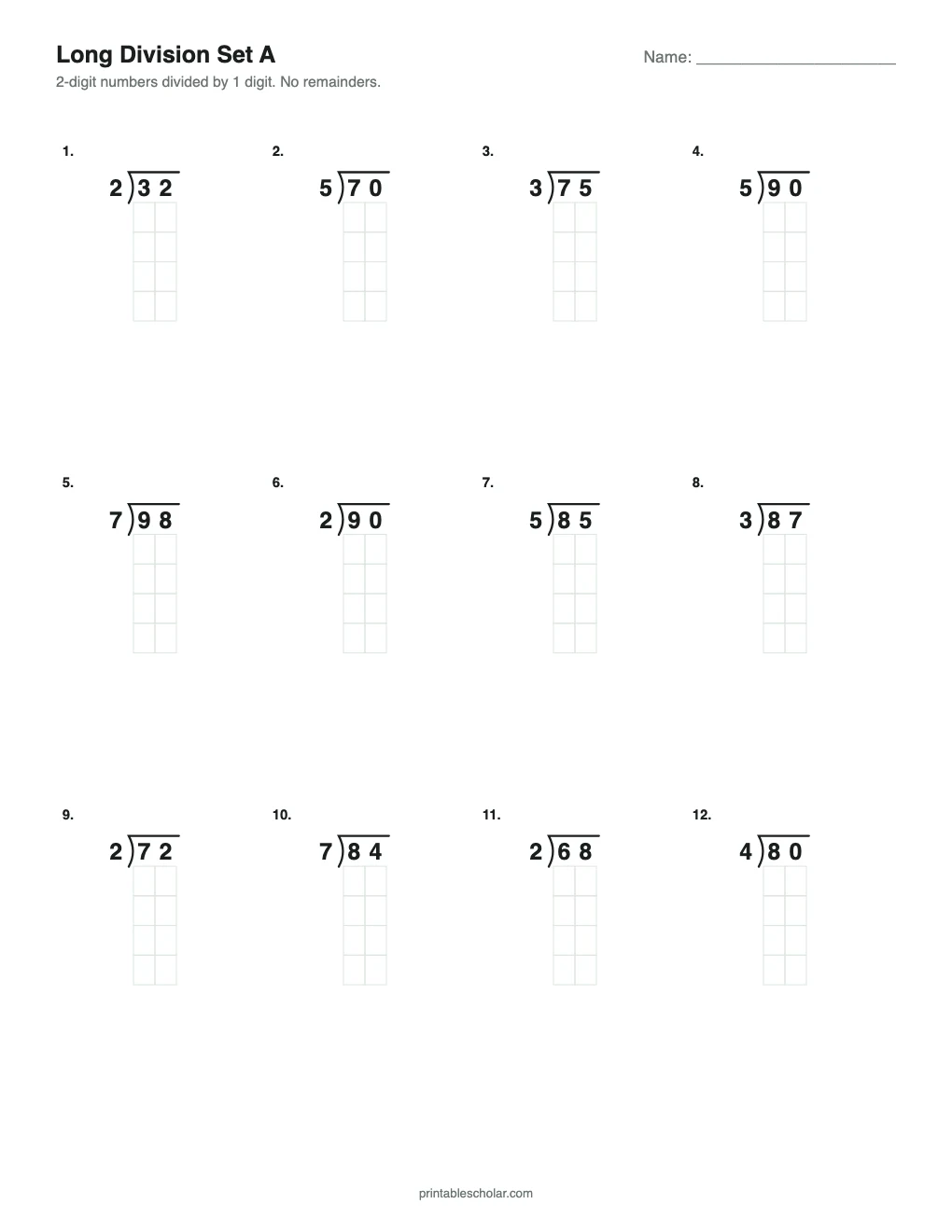 Set A: 2-Digit by 1-Digit, No Remainders printable preview