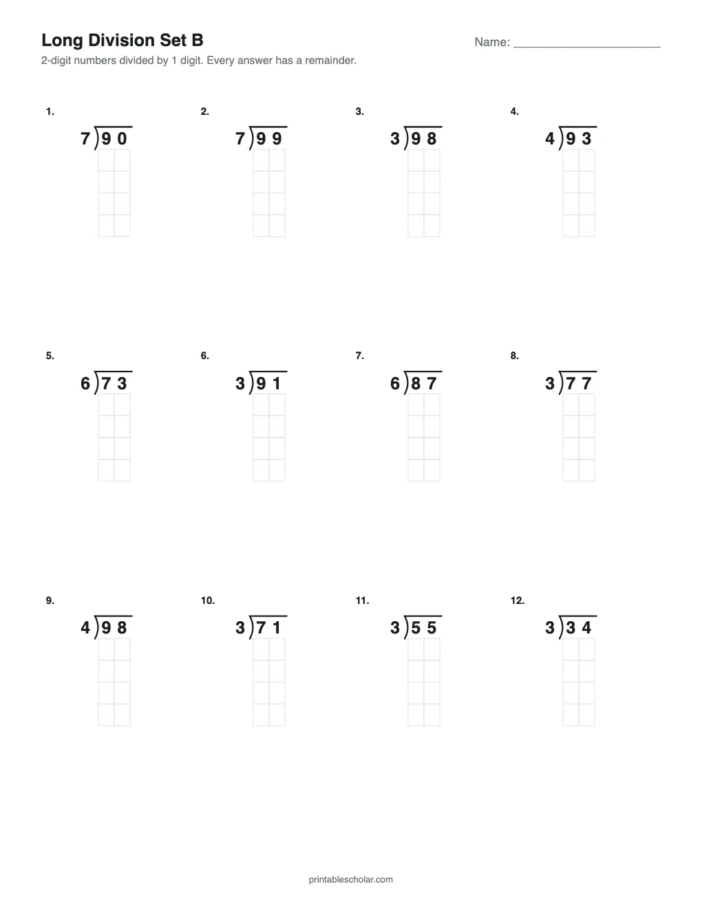 Set B: 2-Digit by 1-Digit with Remainders printable preview