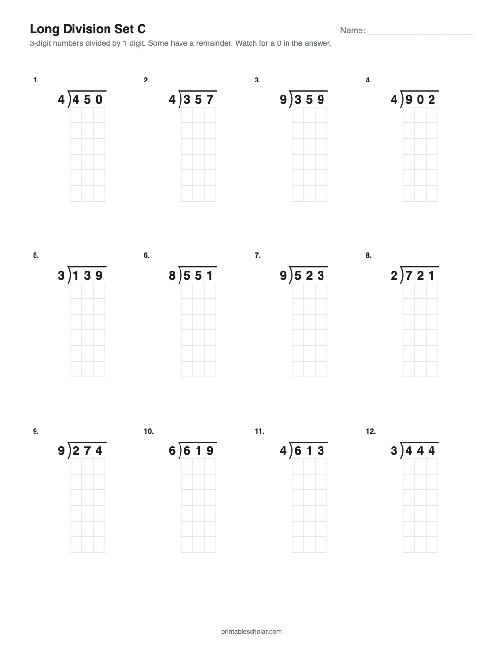 Set C: 3-Digit by 1-Digit printable preview