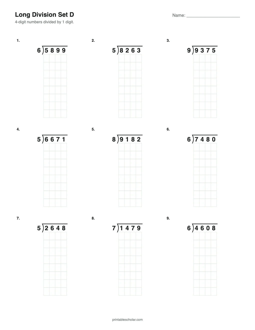Set D: 4-Digit by 1-Digit printable preview