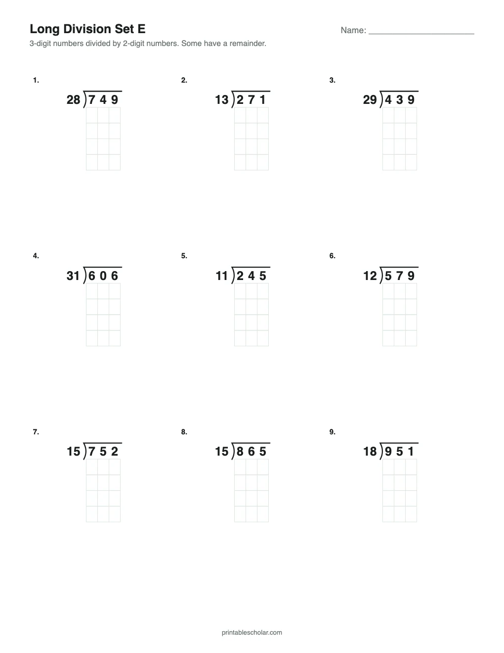 Set E: 2-Digit Divisors printable preview