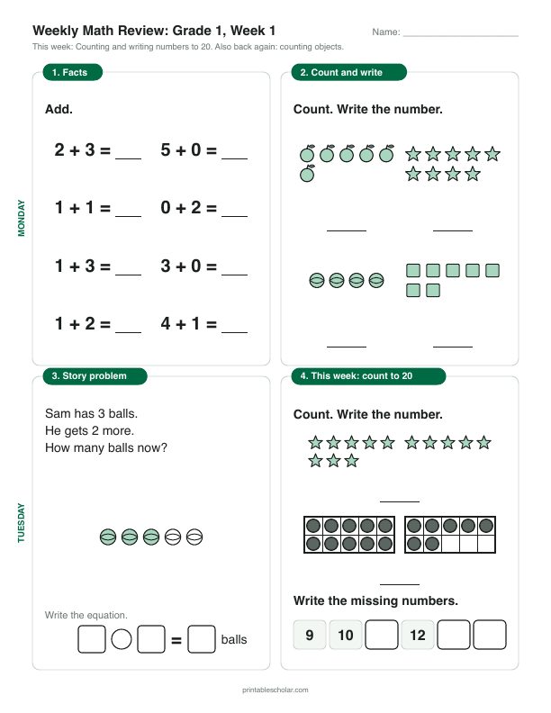 1st grade math morning work, week 1, front: Counting and writing numbers to 20