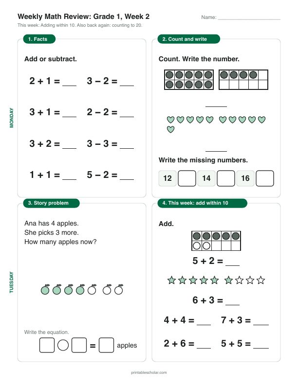 1st grade math morning work, week 2, front: Adding within 10