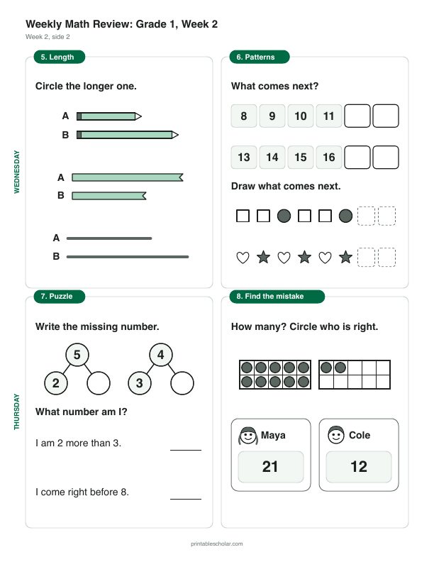 1st grade math morning work, week 2, back: Adding within 10