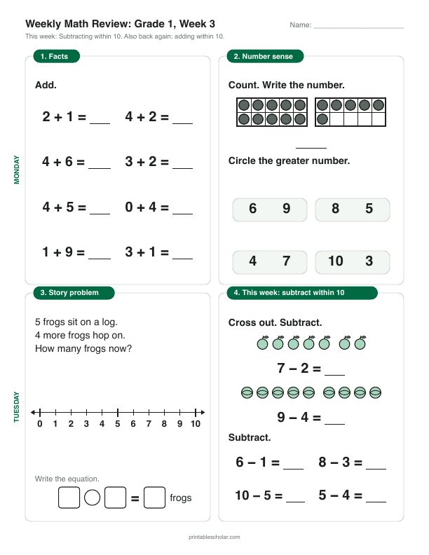 1st grade math morning work, week 3, front: Subtracting within 10