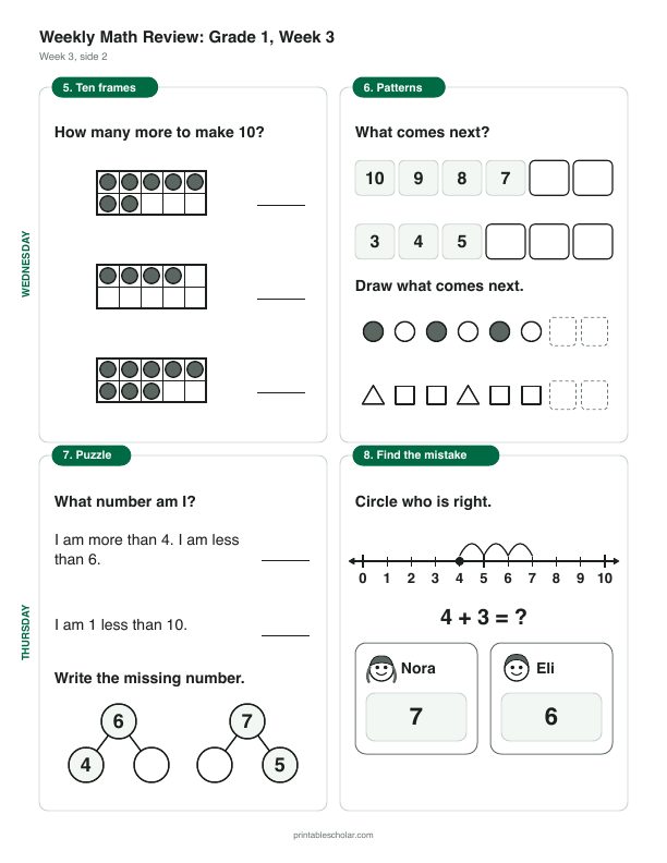 1st grade math morning work, week 3, back: Subtracting within 10