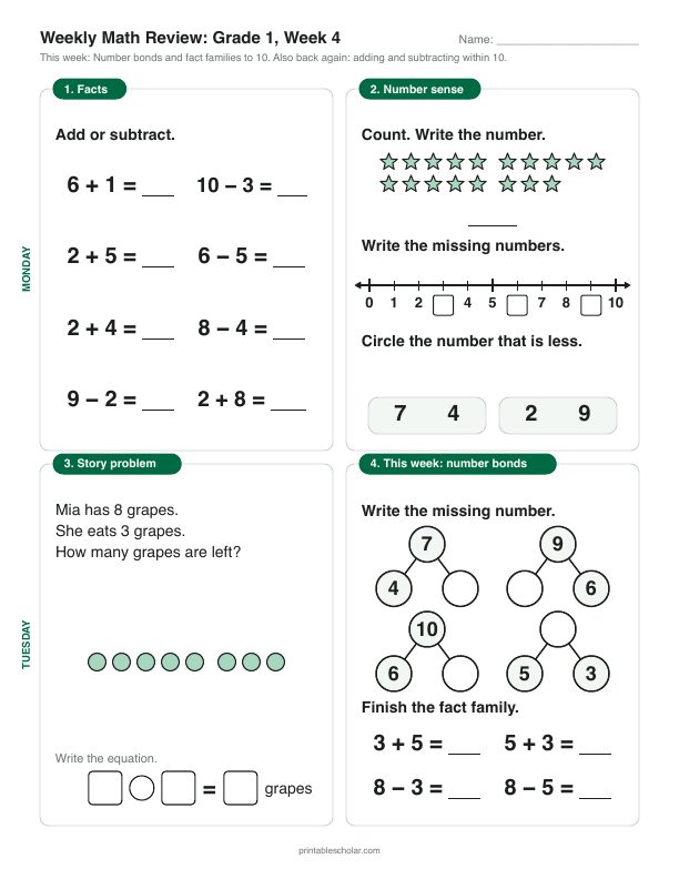 1st grade math morning work, week 4, front: Number bonds and fact families to 10
