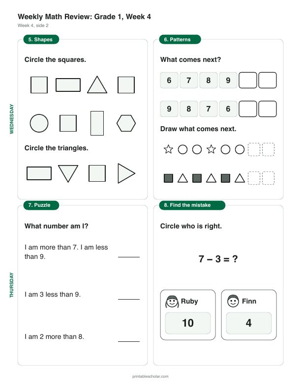 1st grade math morning work, week 4, back: Number bonds and fact families to 10
