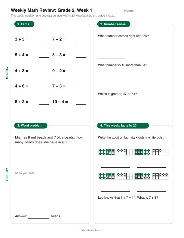 2nd grade math morning work, week 1, front: Addition and subtraction facts within 20