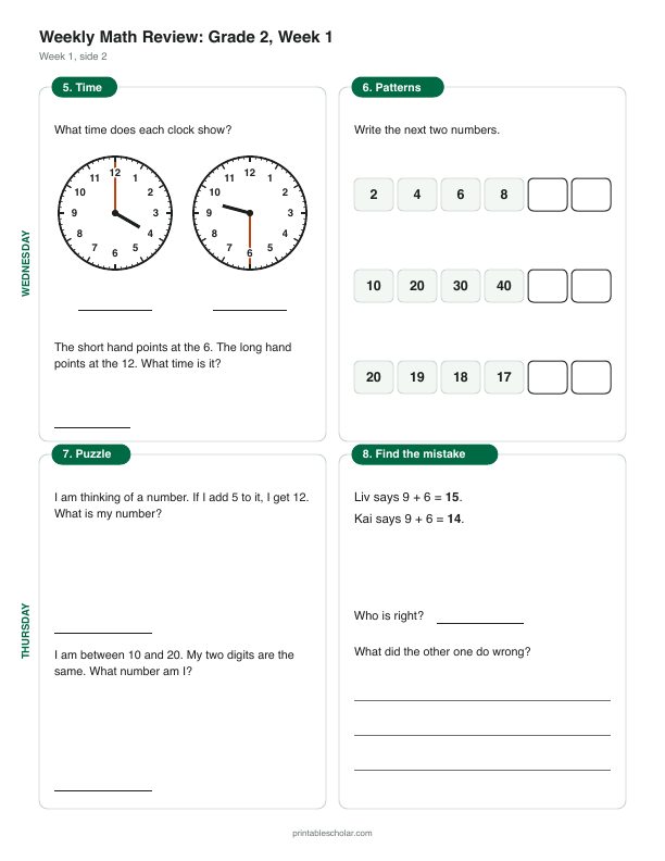 2nd grade math morning work, week 1, back: Addition and subtraction facts within 20