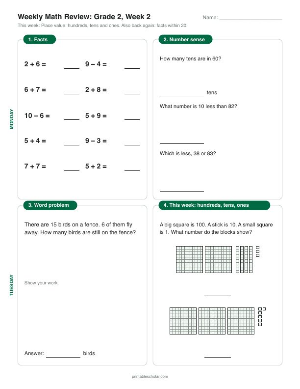 2nd grade math morning work, week 2, front: Place value: hundreds, tens and ones