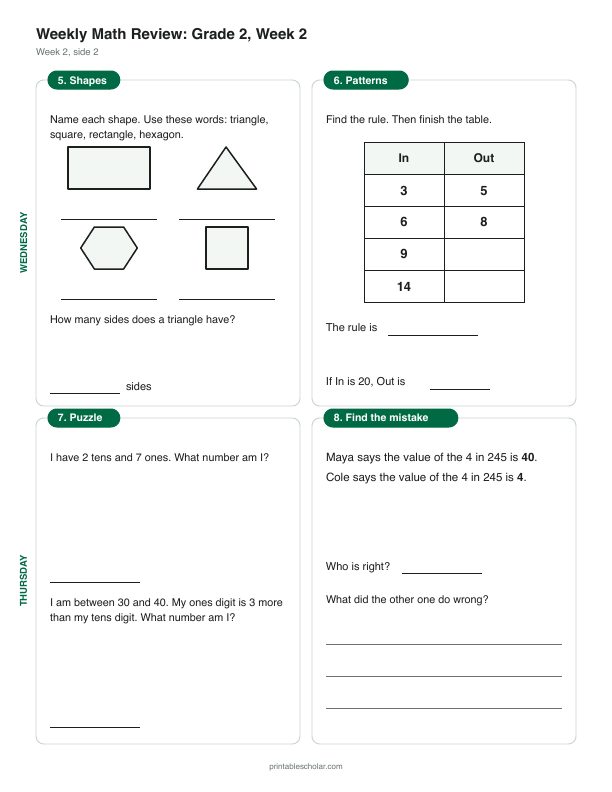 2nd grade math morning work, week 2, back: Place value: hundreds, tens and ones