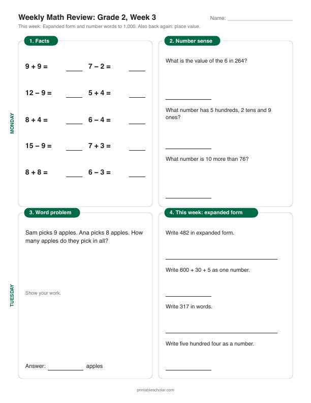 2nd grade math morning work, week 3, front: Expanded form and number words to 1,000