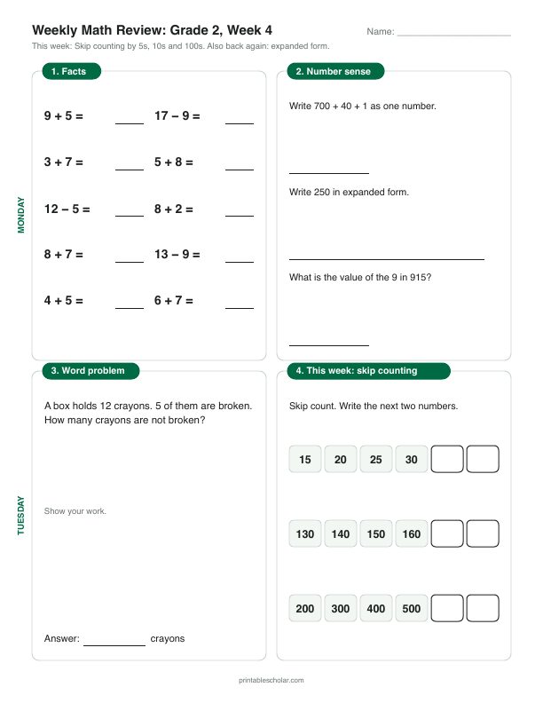 2nd grade math morning work, week 4, front: Skip counting by 5s, 10s and 100s
