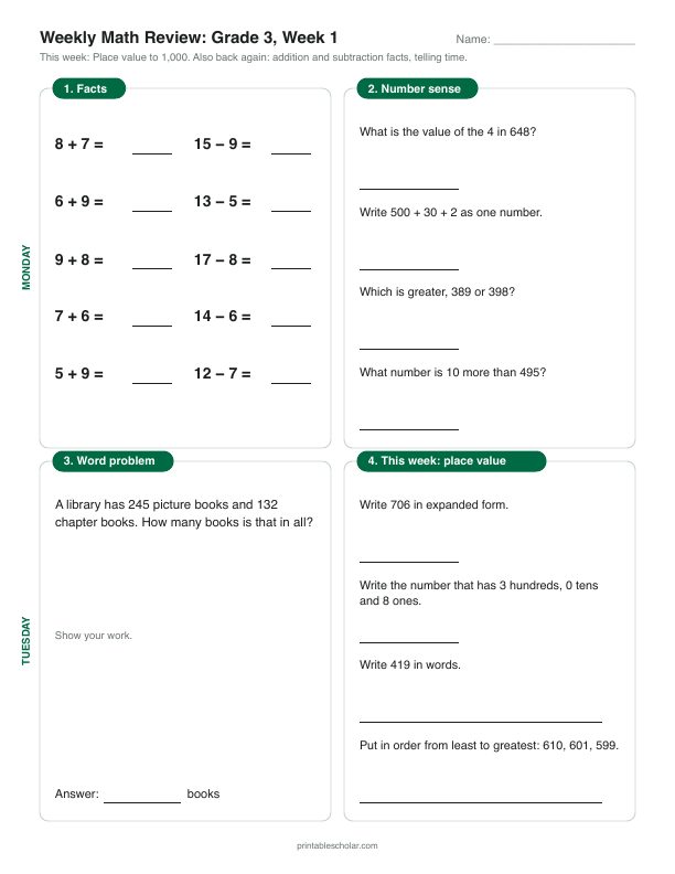 3rd grade math morning work, week 1, front: Place value to 1,000