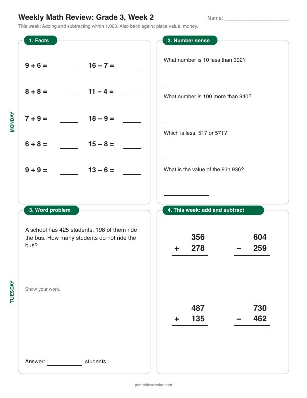 3rd grade math morning work, week 2, front: Adding and subtracting within 1,000