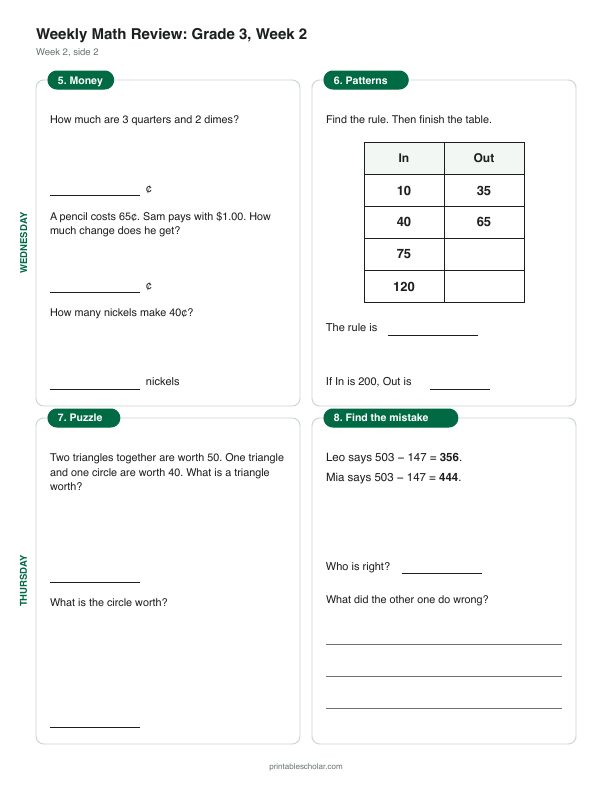 3rd grade math morning work, week 2, back: Adding and subtracting within 1,000