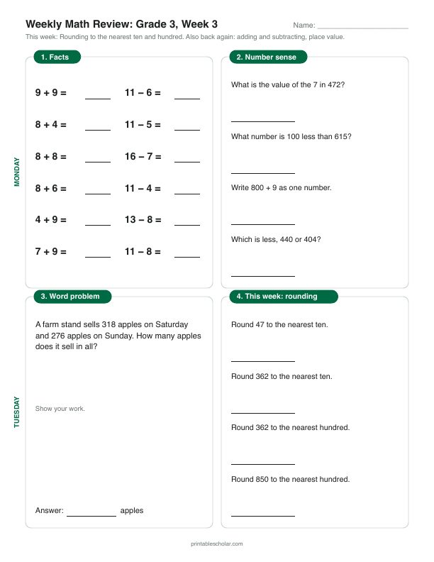 3rd grade math morning work, week 3, front: Rounding to the nearest ten and hundred