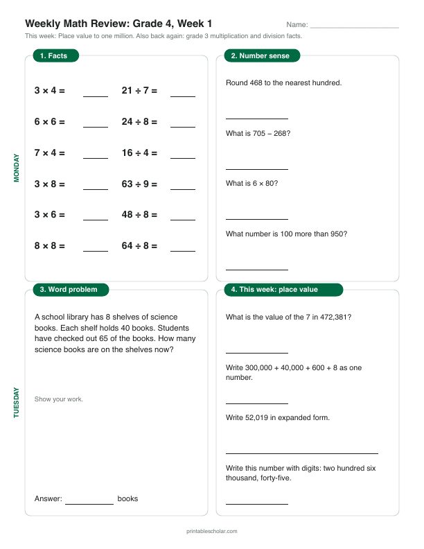 4th grade math morning work, week 1, front: Place value to one million