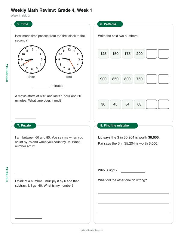 4th grade math morning work, week 1, back: Place value to one million