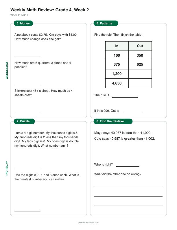 4th grade math morning work, week 2, back: Comparing and ordering large numbers