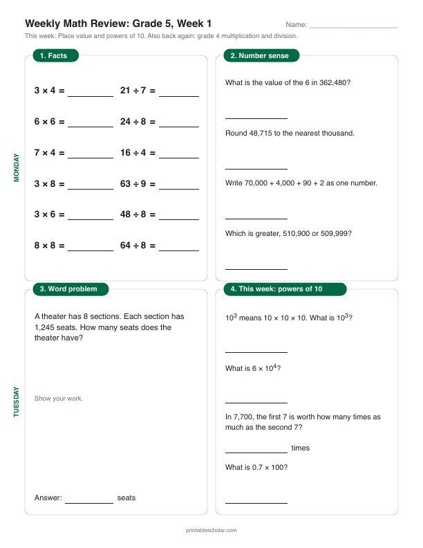 5th grade math morning work, week 1, front: Place value and powers of 10