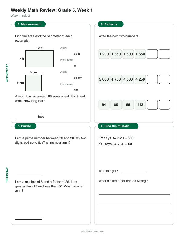 5th grade math morning work, week 1, back: Place value and powers of 10