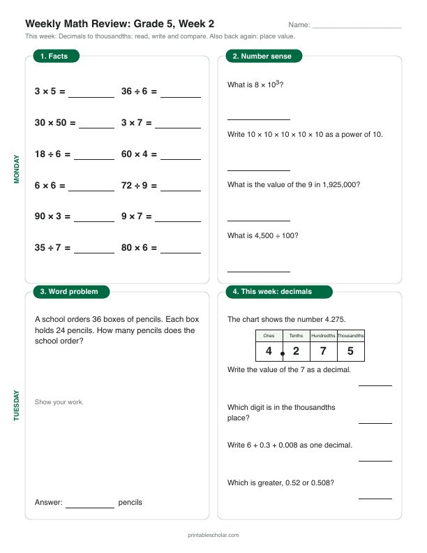 5th grade math morning work, week 2, front: Decimals to thousandths: read, write and compare
