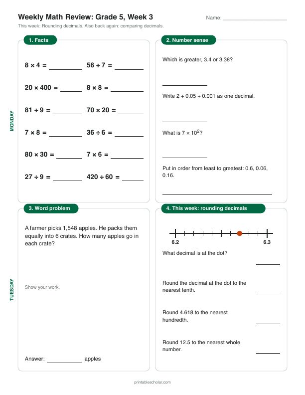 5th grade math morning work, week 3, front: Rounding decimals