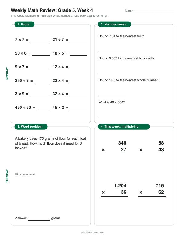 5th grade math morning work, week 4, front: Multiplying multi-digit whole numbers