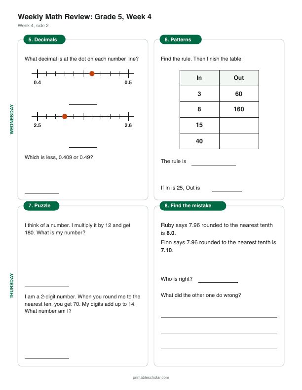 5th grade math morning work, week 4, back: Multiplying multi-digit whole numbers