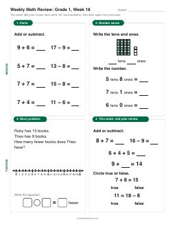 Week 18 sheet: Mid-year review: facts within 20, word problems