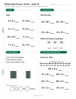 Week 22 sheet: Adding a two-digit and a one-digit number