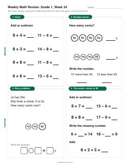 Week 34 sheet: Review: adding and subtracting within 20