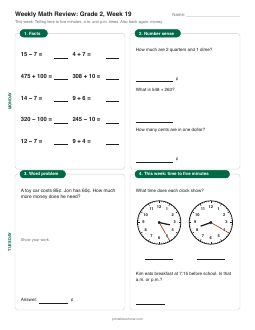 Week 19 sheet: Telling time to five minutes; a.m. and p.m. times