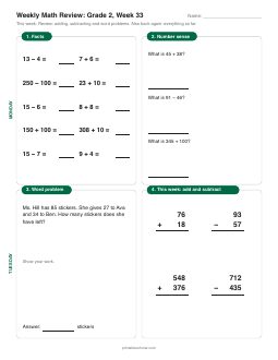Week 33 sheet: Review: adding, subtracting and word problems
