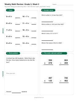 Week 2 sheet: Adding and subtracting within 1,000