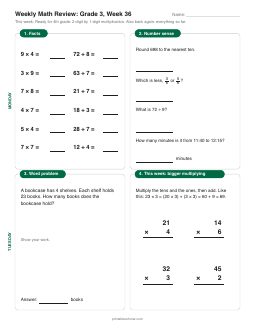 Week 36 sheet: Ready for 4th grade: 2-digit by 1-digit multiplication