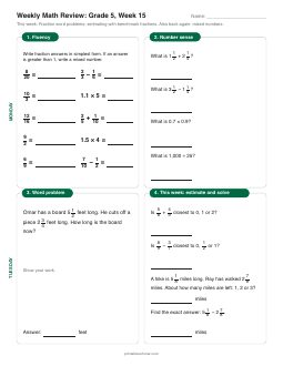 Week 15 sheet: Fraction word problems; estimating with benchmark fractions