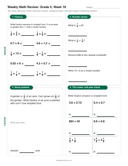Week 18 sheet: Mid-year review: decimals, division, adding fractions