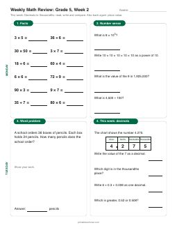Week 2 sheet: Decimals to thousandths: read, write and compare